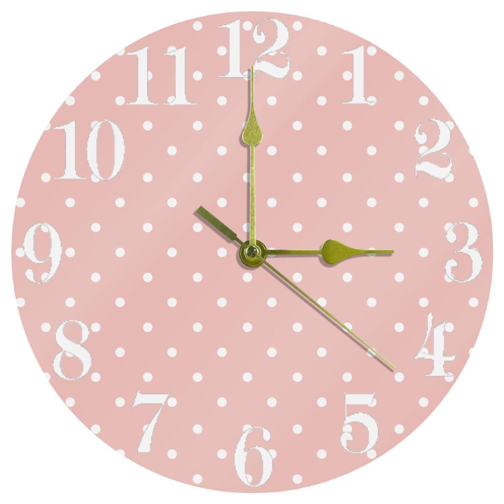 Horloge murale ronde rose à pois blancs de 25,4 cm pour la décoration de cuisine