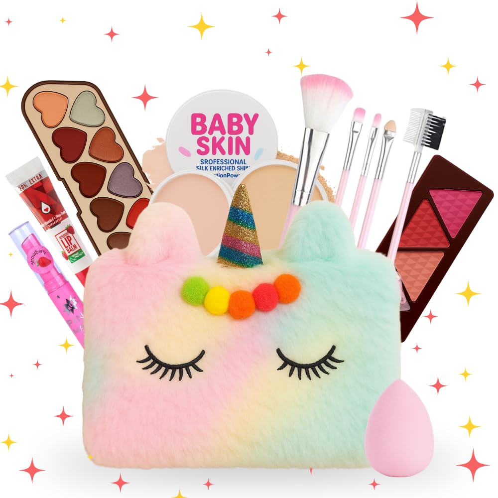 Real Makeup Kit for Girls & Teens – 14 PCS Safe & Washable Beauty Set with Unicorn Fur Bag – Non-Toxic Cosmetics for Ages 7–16 – Gift Set with Brushes, Lip Gloss, Blush & More-image-23