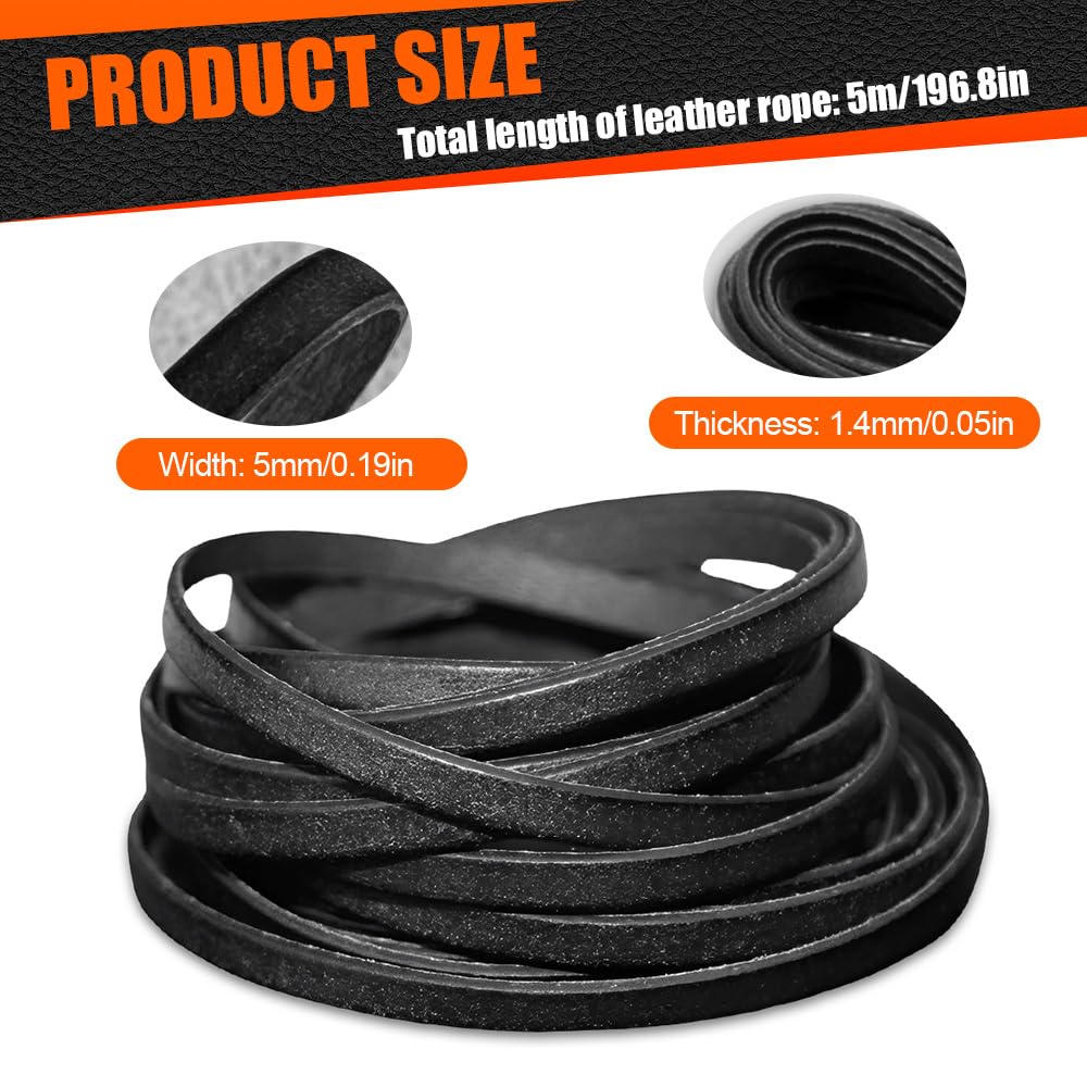 Cordino Cuoio Piatto 5 MM X 5 M,Fettuccia Cuoio Piatta,Striscia di Cuoio per Cinture,Lacci in Pelle per Borse,Cordoncino per Collane Fai Da Te per Correa, Artigianato, Braccialetti - Negro