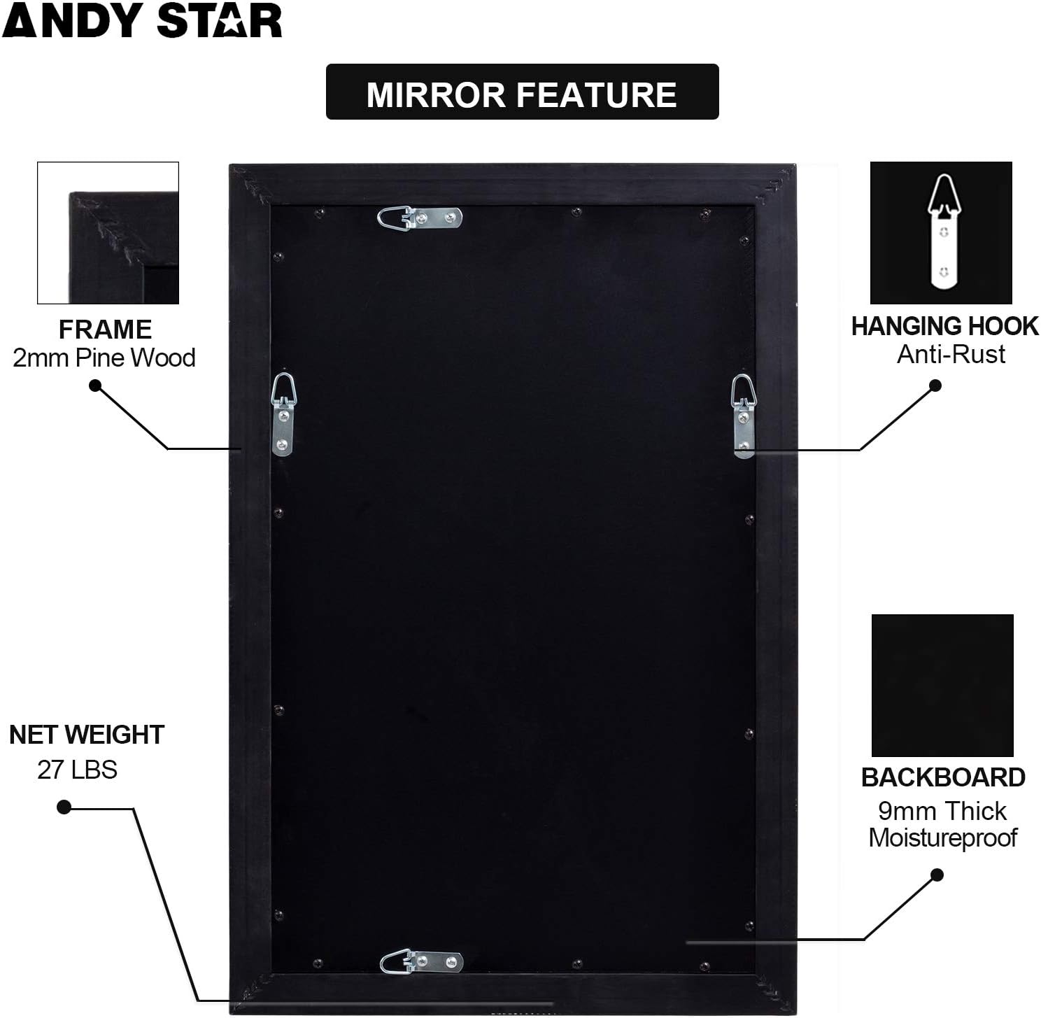 ANDY STAR Bathroom Mirror, Clean Large Modern Black Frame Wall Mirror | 30x40-Inch Contemporary Premium Silver Backed Floating Glass Panel | Mirrored Rectangle Hangs Horizontal or Vertical : Home & Kitchen