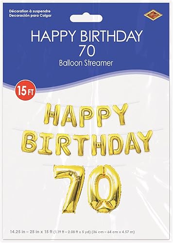 Miniatura 6 de Beistle Cartel de globo de feliz cumpleaños número 70, letras inflables de Mylar para colgar, suministros de fiesta, color dorado, de 14.5 a 25 x