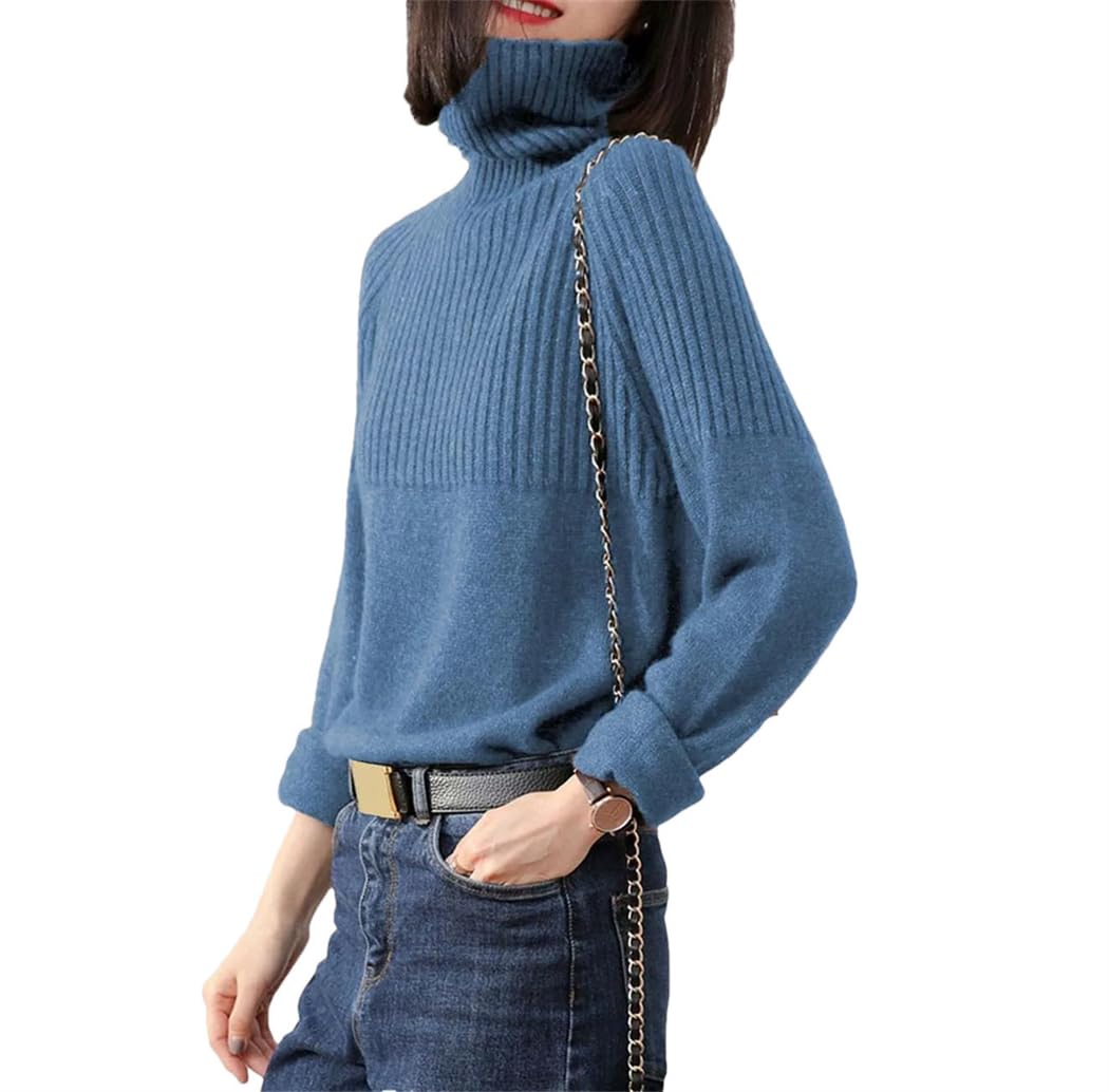 Maglione di lana spessa da donna a maniche lunghe a collo alto pullover invernale tinta unita elasticizzato a righe in maglia allentata