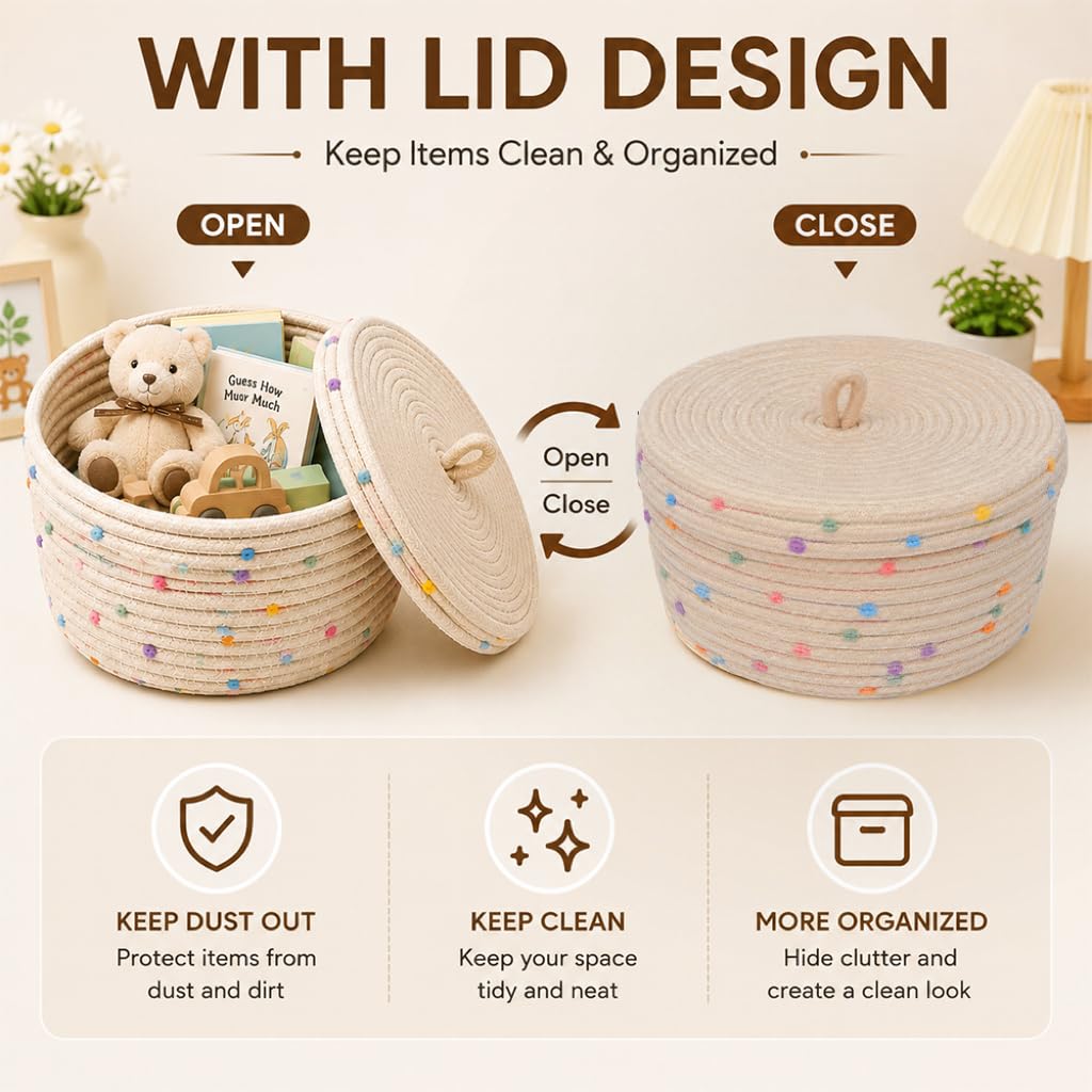 2 Pezzi Cestino in Corda di Cotone con Coperchio Cestino Portaoggetti Intrecciato con Coperchio Decorativi Intrecciati con Coperchio di Cotone Rotondo per Snack Asciugamani Cestello Giocattolo