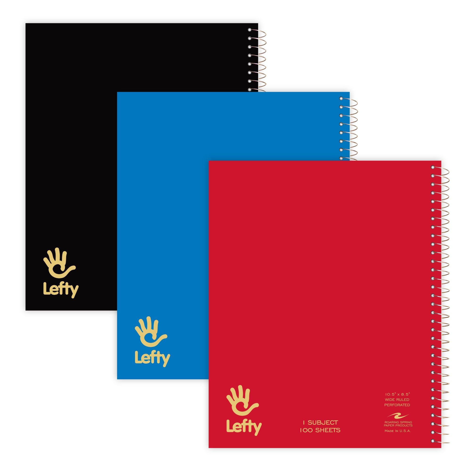 Roaring Spring Lot de 3 carnets à spirale pour gauchers - Reliure à spirale côté droit - Un sujet - Lignes larges - 26,7 x 21,6 cm - 100 feuilles - Pages perforées - Fabriqué aux États-Unis