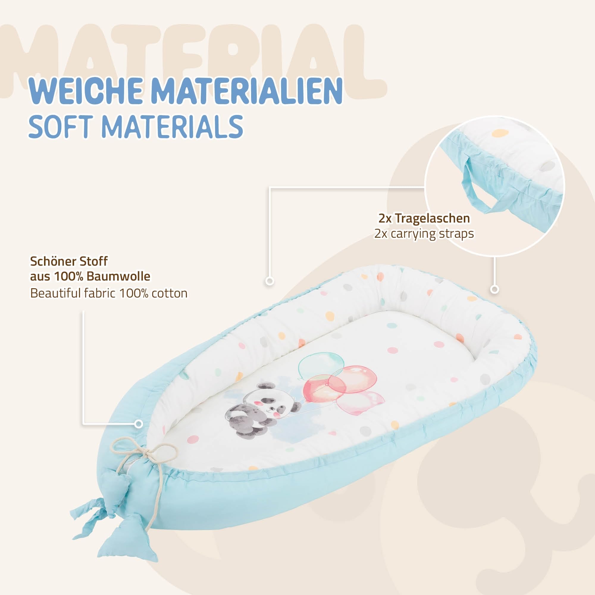 Joyz Babynest, Panda Hellblau, 90x50cm, Baumwolle, zweiseitig, antiallergisch, tragbar, Multifunktionale Babynestchen, Kokon für Babys & Säuglinge, Baby Nest Babybett Neugeborene Kuschelnest Reisebett