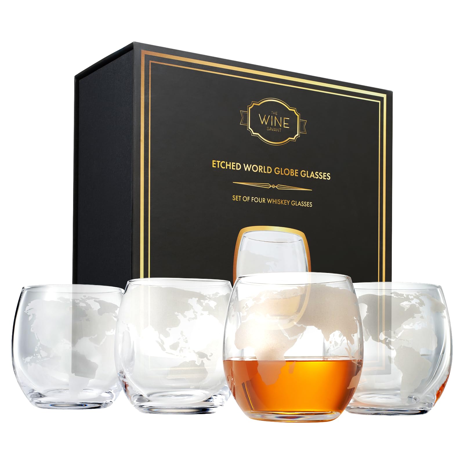 The Wine Savant Etched World Globe Glasses 10 oz -Set of 4, Wine, Whiskey, Scotch, Vodka Water or Juice Old Fashion Glass, World Glasses Etched Globe