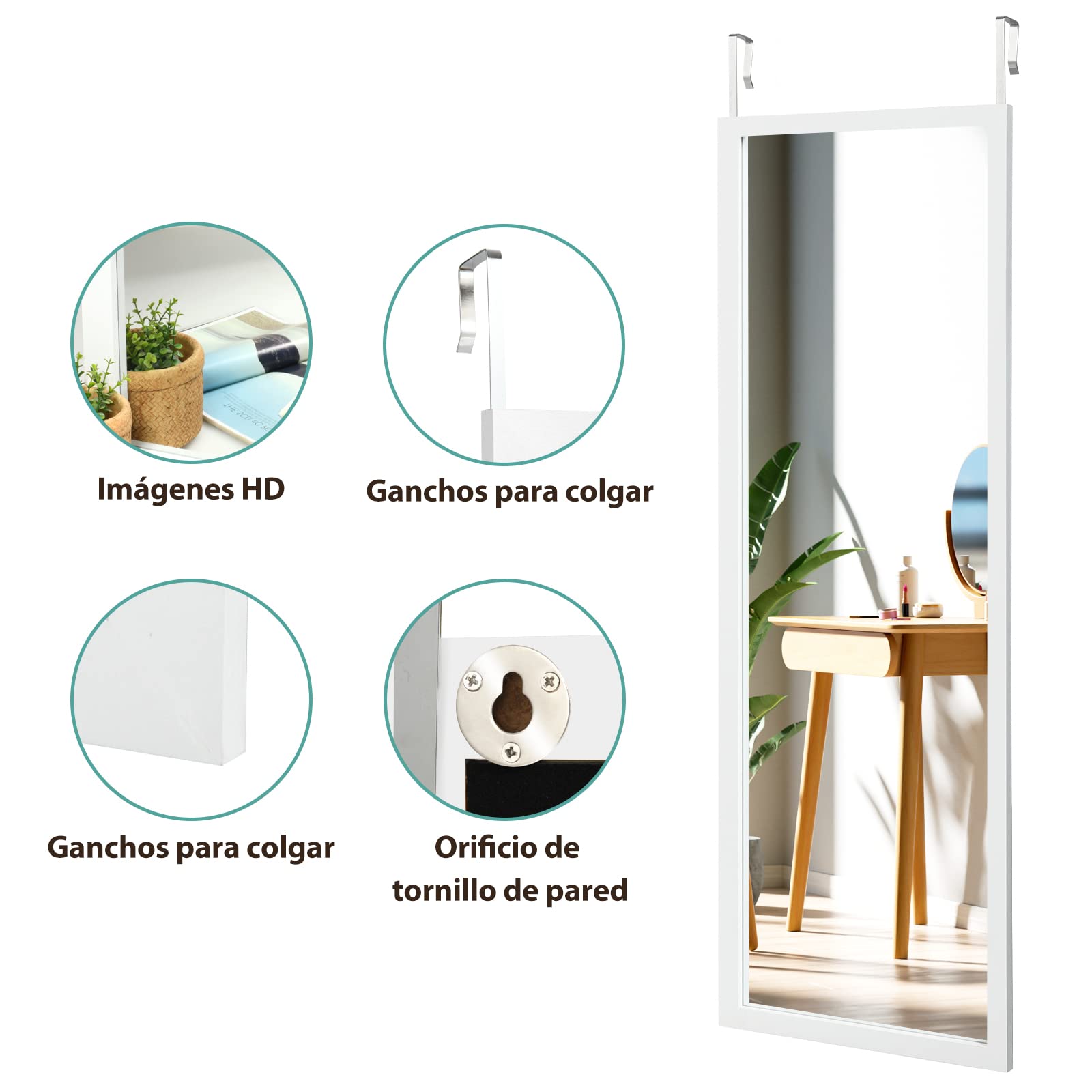 COSTWAY Espejo de Cuerpo Completo en Puerta o Pared 120 x 37 cm con Ganchos (Blanco)