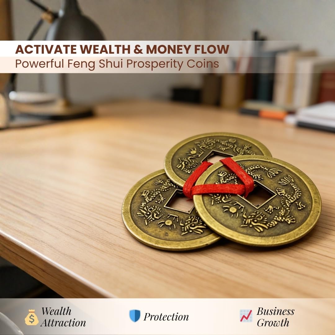 Plus Value Feng Shui Vastu Remedies Dragon Phoenix 3 Chinese Coins Set Brass Wealth, Prosperity, Money, Good Luck (Big Size)