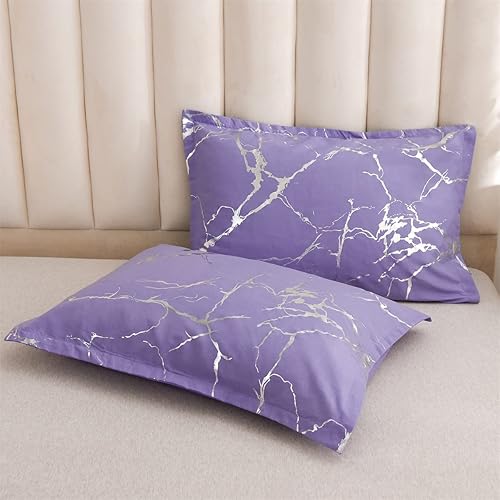 Miniatura 7 de Holawakaka Juego de edredón de mármol metálico plateado juego de ropa de cama con purpurina tamaño King moradoplateado