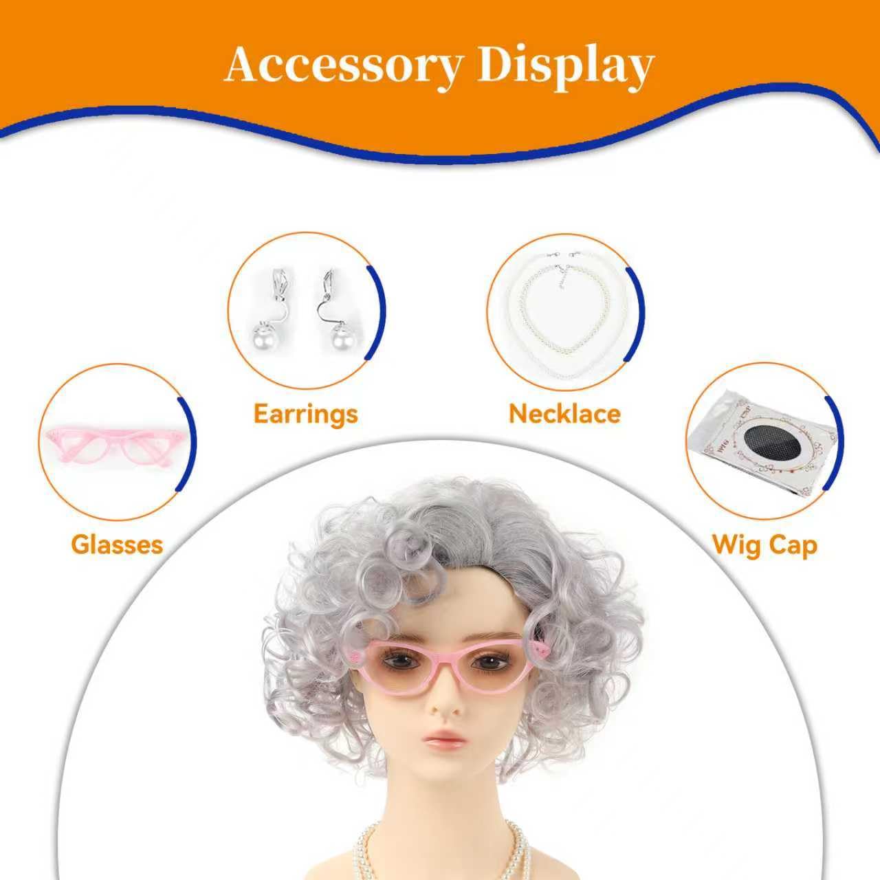 Women Roper Curly Old Lady Grey Cosplay Wig with Necklace Earrings and Sunglasses for Women Hallween Costume Wig - Image 2
