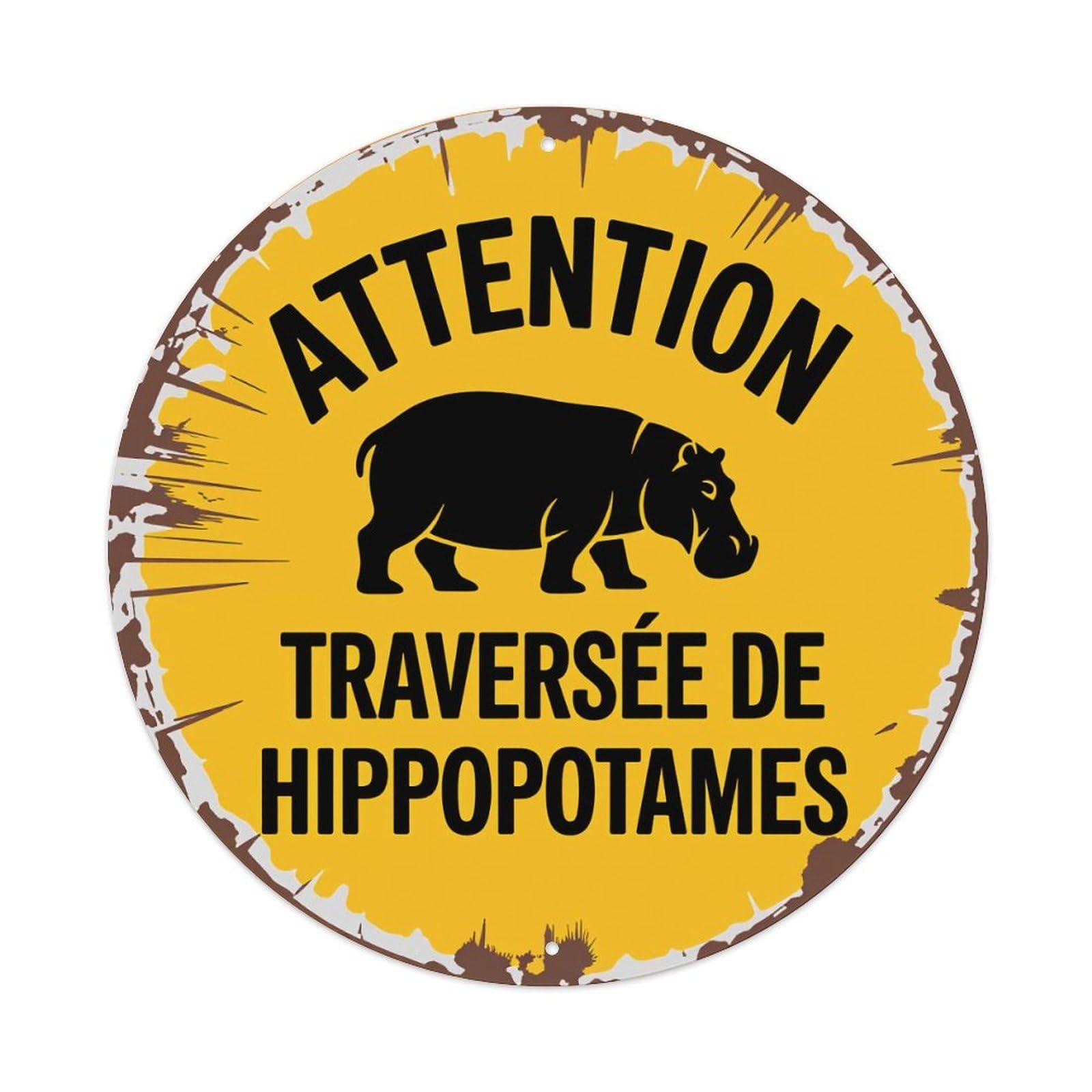 Attention Hippopotamus Crossing Sign Round Tin Sign Vintage Metal Poster Retro Bar, Home, Man Cave, Kitchen, Laundry Room Wall Art Decor Gift 8x8Inch
