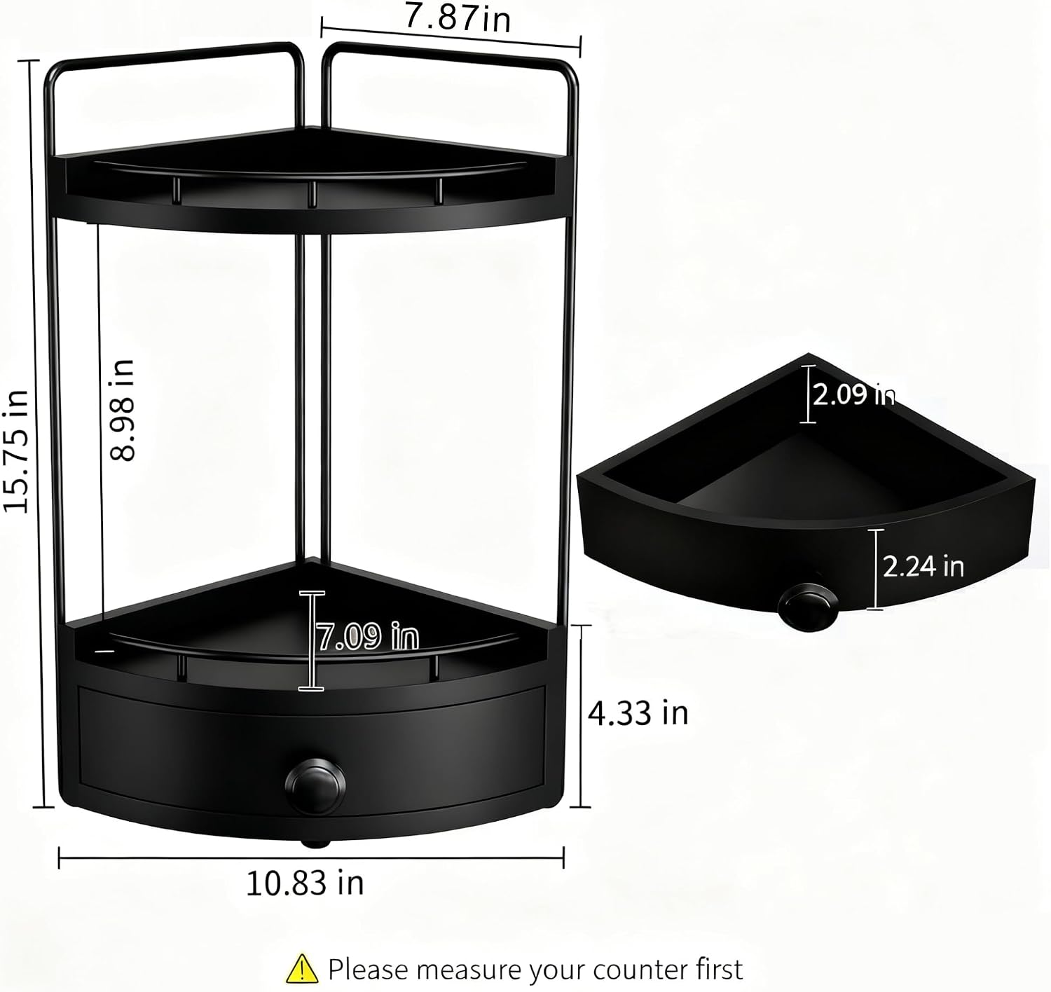 2-Tier Corner Bathroom Countertop Organizer with Drawer, Wooden Vanity Organizers for Makeup and Skincare Storage, Corner Counter Shelf with Embedded Screw Holes, Black