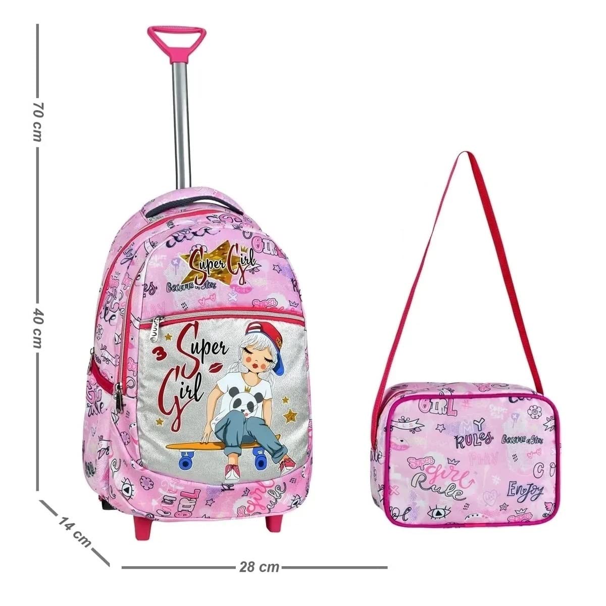 TahTicMer Çekçekli ilkokul Ortaokul Kız Çocuk Okul Çantası Sırt çantası Beslenme çantalı 2li Set Süper Girl Pembe Çanta Pembe Gri