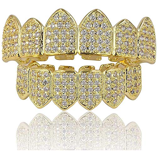 canjoyn 18K Gold Plated Macro Pave CZ Iced-Out Grillz with Molding Bars Included