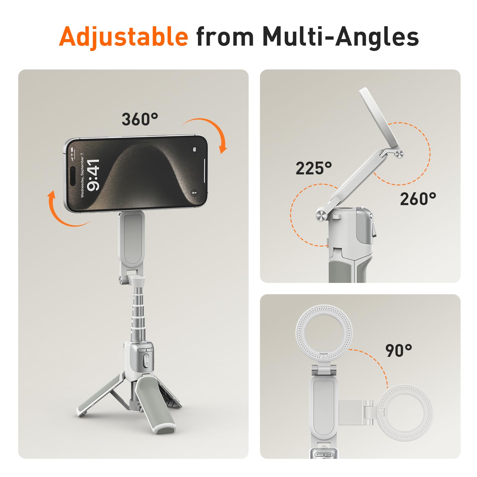 AMAZEAR Treppiede smartphone (4 in 1), Selfie stick magnetico multifunzionale per iPhone, Impugnatura portatile per smartphone con telecomando Bluetooth rimovibile e zoom regolabile per foto, Bianco