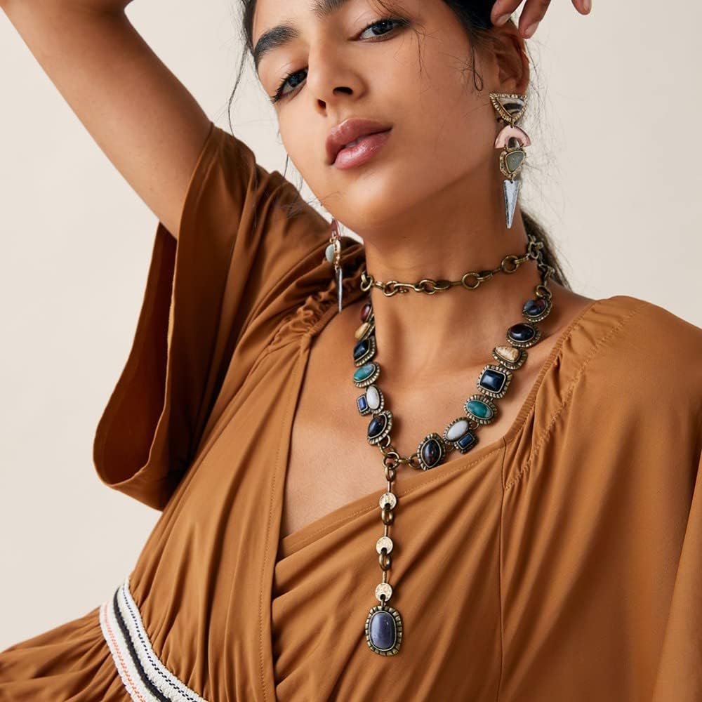 Boho Layered Turquoise Pendant Collar Necklace for Women Natural Colorful Stone Necklace Long Bohemian Nation Y Pendant Necklace Western Trendy Jewelry Gift - Image 2