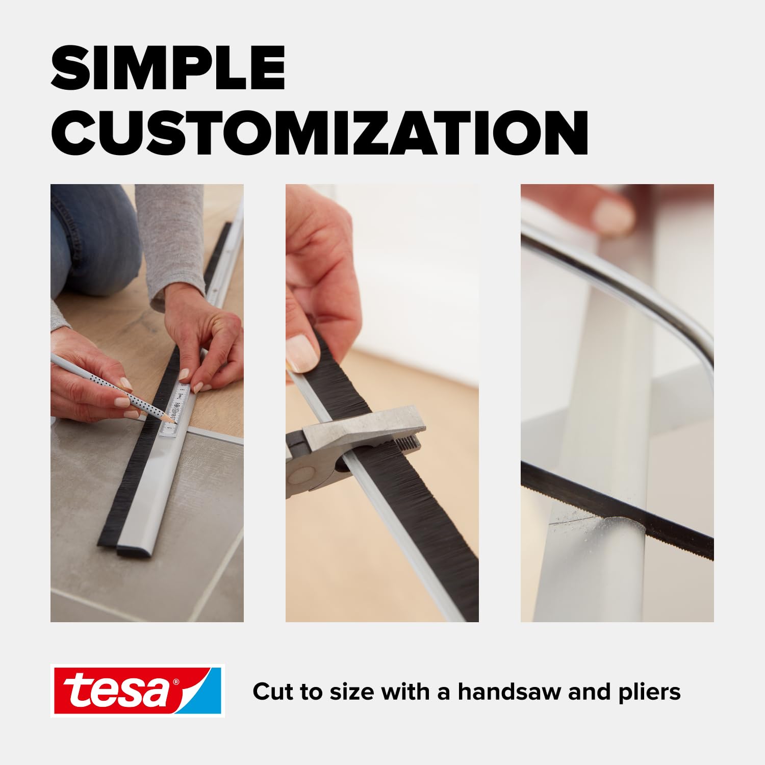 tesa INSULATION Premium Türdichtschiene für unebene Böden - Selbstklebende Alu-Türdichtung zum Schutz vor Zugluft - Weiß - mit Bürstendichtung bis 15 mm