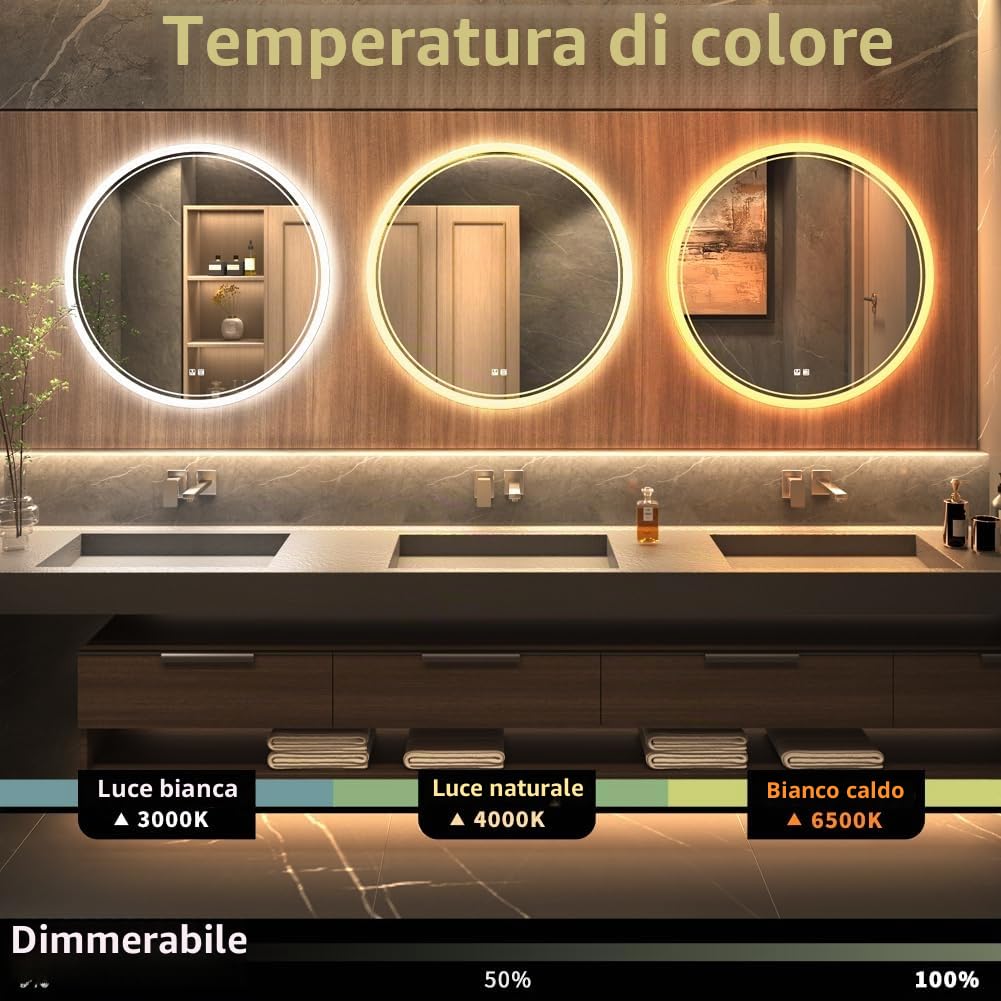 KWW Grande Specchio Rotondo Moderno della Vanità del Bagno del LED, Temperatura di Colore Regolabile, luci Dimmerabili Anti-nebbia, Specchio Montato a Parete Orizzontale/Verticale (60_x_60_cm)