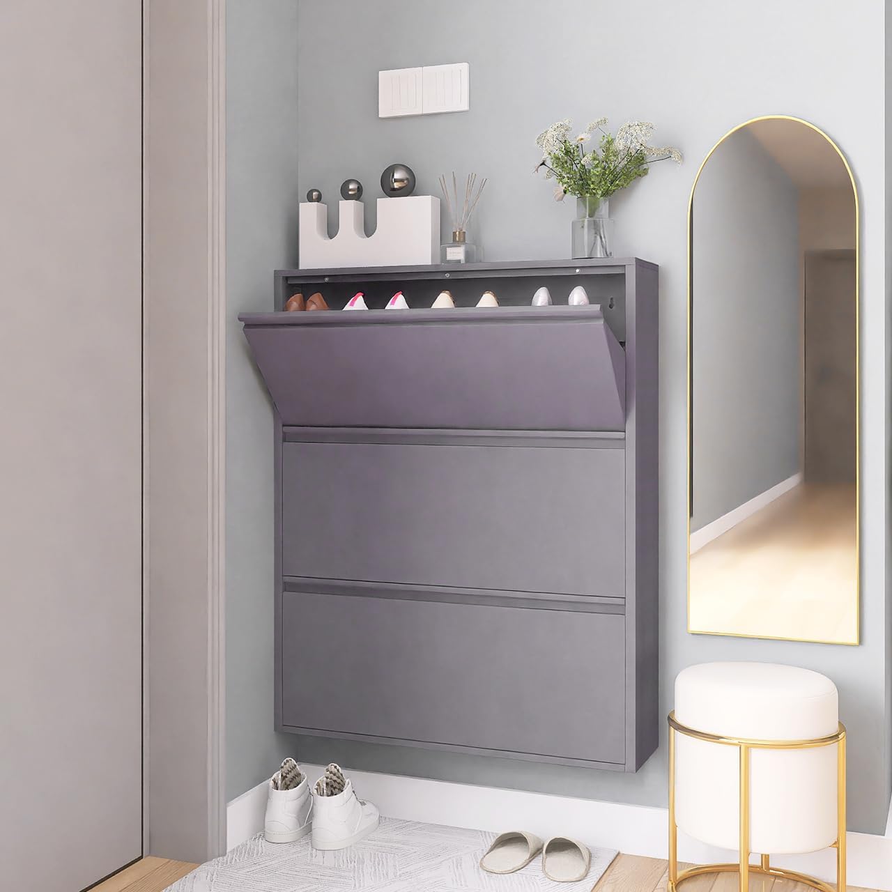 GREATMEET Shoe Cabinet with 3 Flip Drawers in a modern entryway