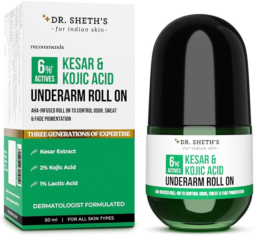 Dr. Sheth's KESAR & KOJIC ACID UNDERARM ROLL-ON| 6% Actives -AHA, Kojic Acid & Niacinamide |Controls Body Odor, Sweat & Fade Pigmentation |For All Skin Types| Aqua Fragrance| For Men & Women|