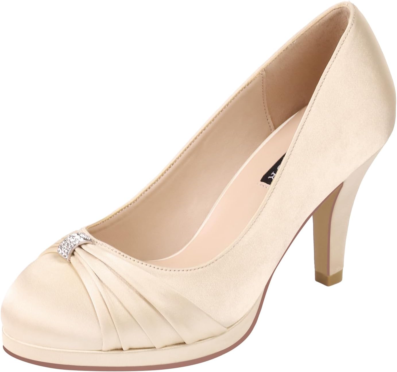 Women Comfortable Mid Heel Pumps Closed Toe Rhinestones Brooch Satin Evening Prom Wedding Shoes