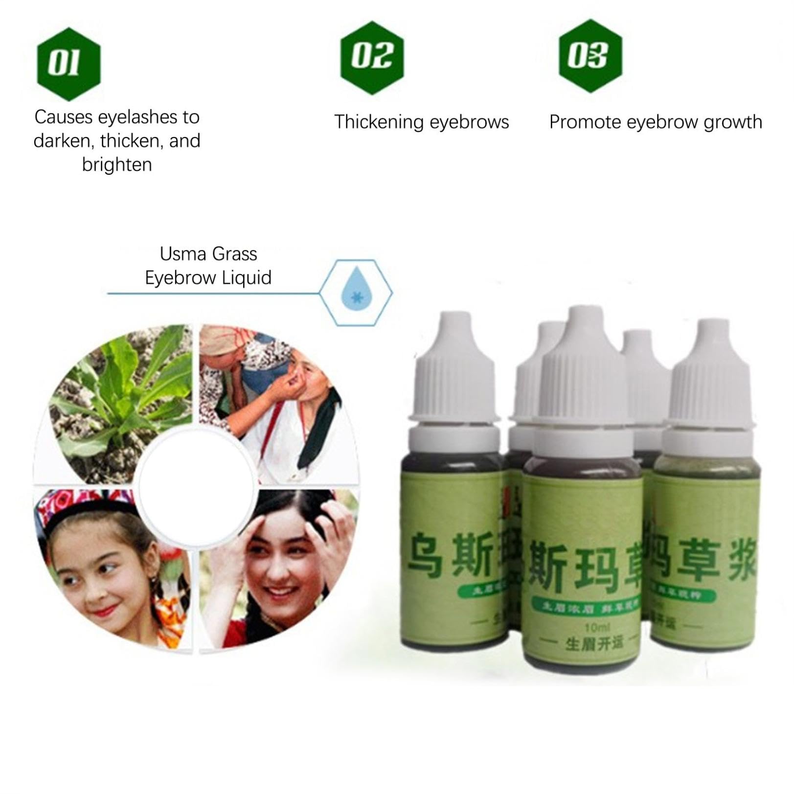 Ekstrakt z trawy Usma z Xinjiangu, serum do wzrostu brwi, pielęgnacja trawy Usma, płyn do wzrostu rzęsek do grubych brwi, długich rzęs, wzrostu brody i pełnej linii włosów (1 sztuka)