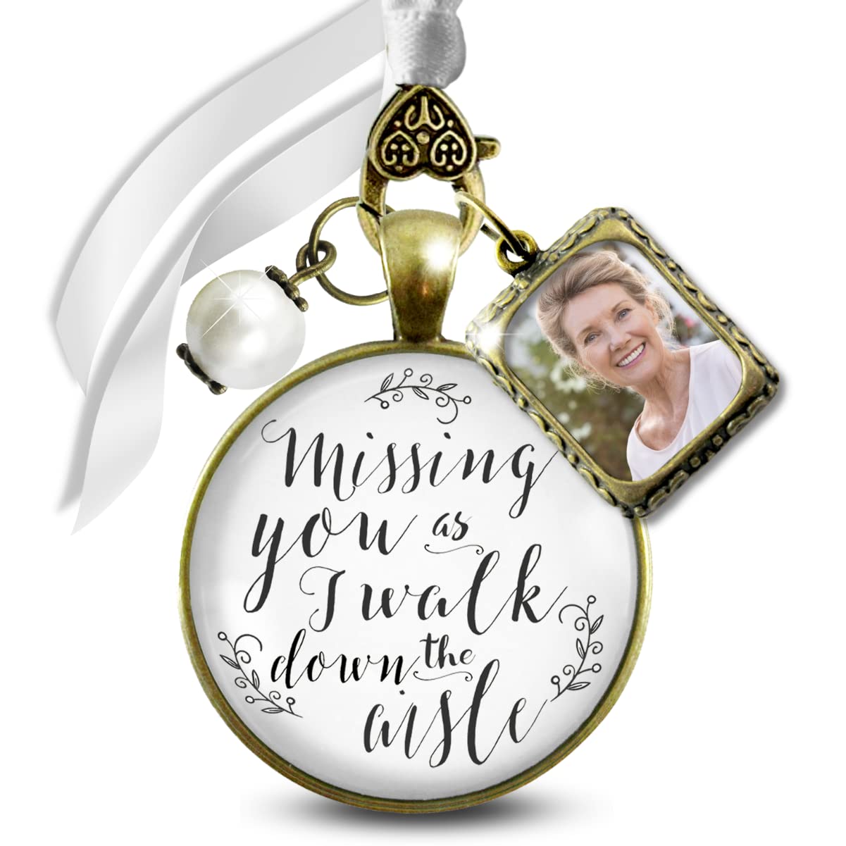 Memory Wedding Bouquet Charm Missing You As I Walk Down Aisle Jewelry for Bride in Remembrance Vintage Bronze White Glass Pendant White Bead 1 Photo Picture Frame Ties to Flowers DIY Template