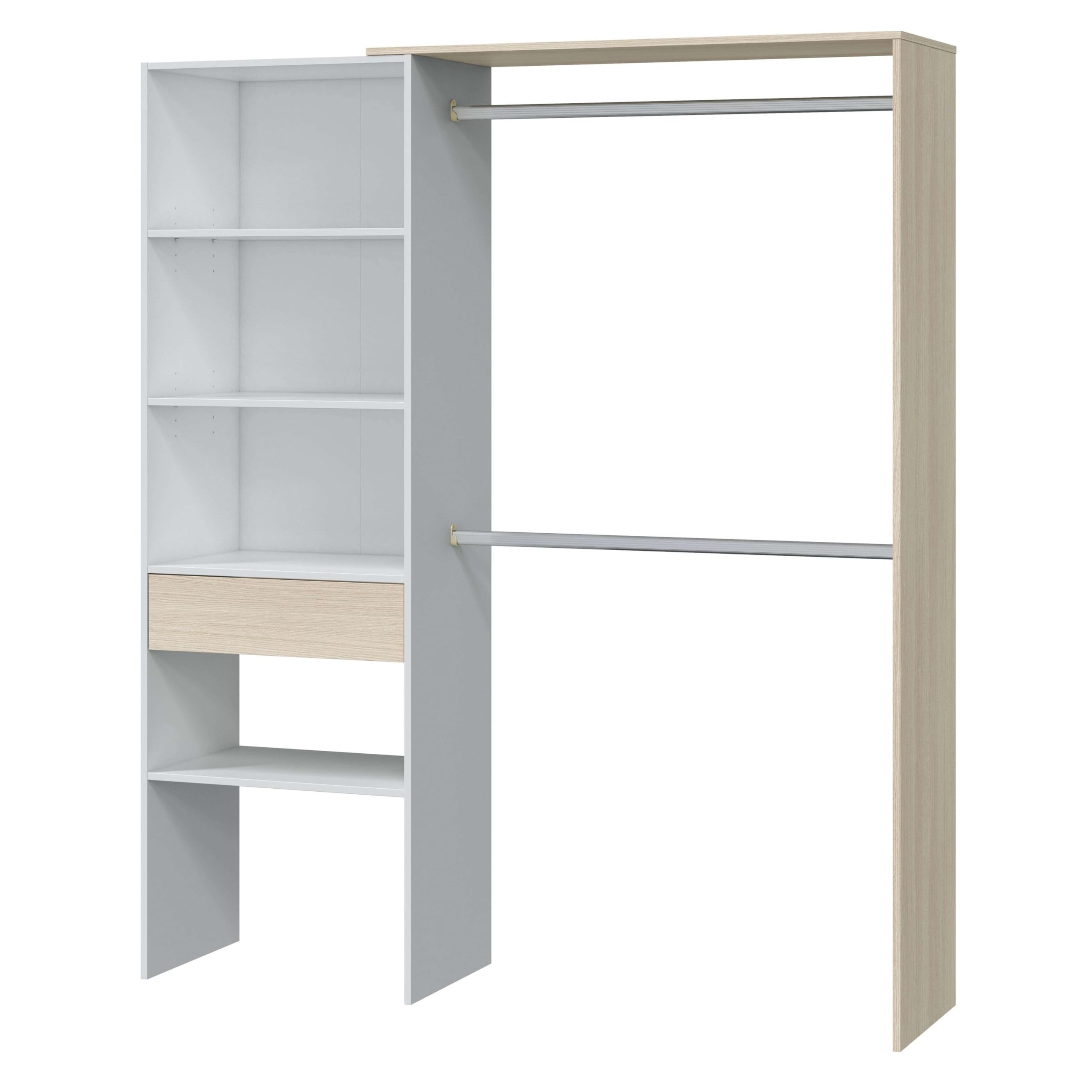 Habitdesign Armoire 2 tringles 4 étagères 1 tiroir 187 x 158 x 40 cm (H x l x P x P) - Dressing réversible Blanc « Artik » et chêne