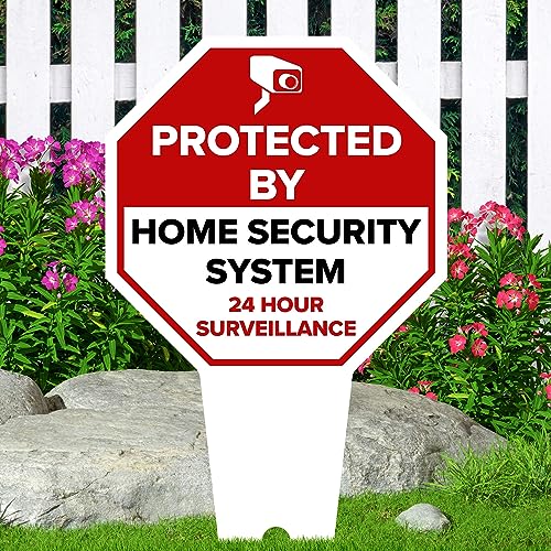 Image of Protected by Home Security System Sign, 11x21, Heavy Duty Integrated Ground Stakes, Indoor /Outdoor Use, Rust Free Aluminum Composite, Made in USA by My Sign center