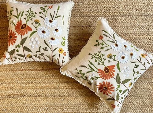 Image of Cotton Decorative Embroidered Cushion Covers | 16 x 16 inches | Premium Cushion Cover with Crewel Embroidery | Floral | Multicolour, Set of 2, for Couch, Sofa, Bed, 350 TC