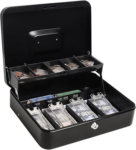 Caja de efectivo con bandeja de dinero y cerradura de llave caja de dinero grande Parrency 5 compartimentos con cubierta para ciones y 4 clips con