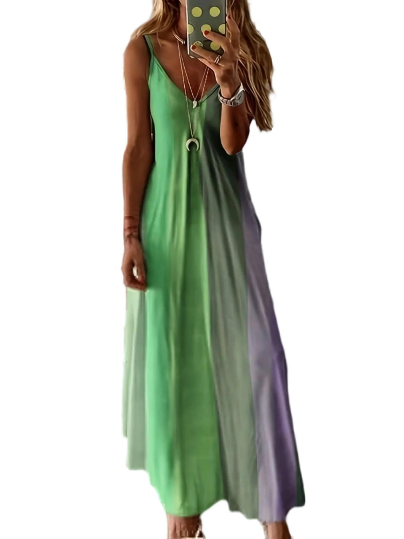Jupe longue d'été à bretelles colorée style bohème avec un magnifique dégradé vert