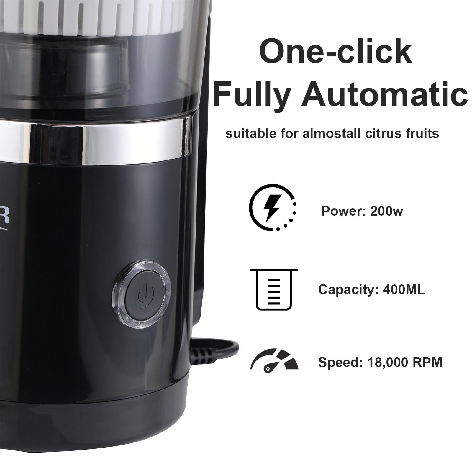 Exprimidor eléctrico de cítricos – Exprimidor automático One Touch de 400 ml para naranja, limón, pomelo con cortador integrado, mezclador ideal para el hogar