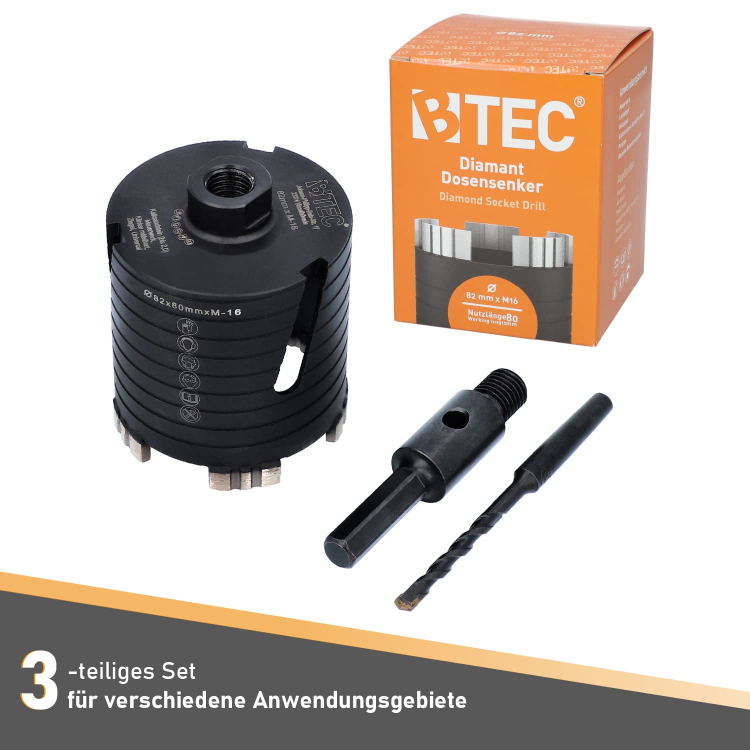 BTEC – Diamant Dosensenker 82 mm mit M16-Aufnahme + 80 mm Nutzlänge – Dosenbohrer für Mauerwerk, Kalksandstein, Ziegel, Poroton, Putz uvm. – Diamant Bohrkrone inkl. Zentrierbohrer + Sechskant Adapter