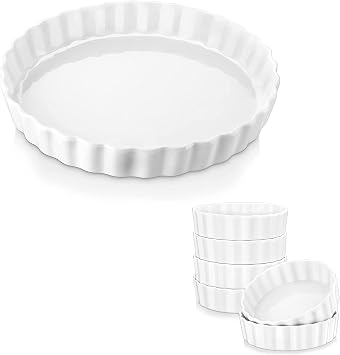 LOVECASA 10 Inch Porcelain Quiche Baking Dish Bundle 7 Oz Shallow Creme Brulee Ramekins, Set of 6