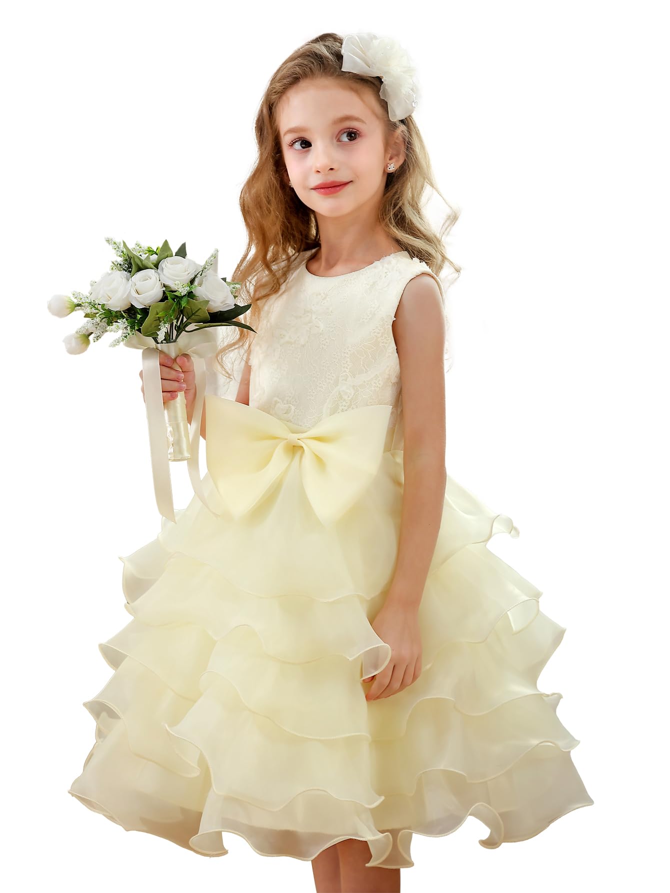 ABAO SISTER Party Wedding Flower Girl Dress Ruffles Lace Cute Bow Waist Fancy Evening Dress up