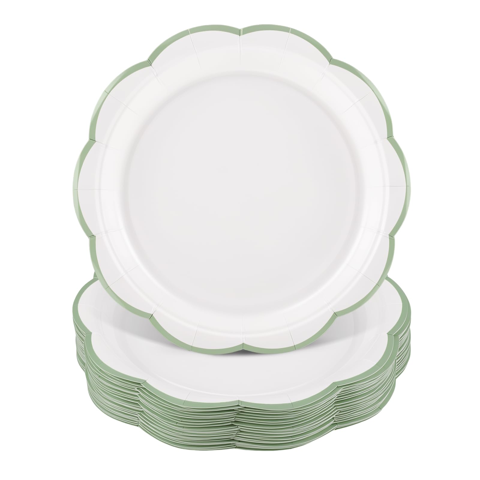 30 Pcs Sage Green and White Paper Plates, 7 In White Plates with Green Trim