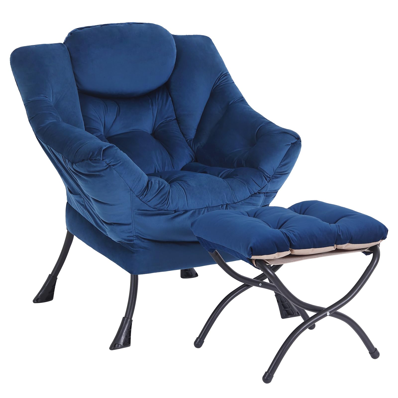lazy chair with ottoman, modern accent chair lounge leisure sofa chair with armrests, reading chair and folding footstool for living room, bedroom, office, royal blue