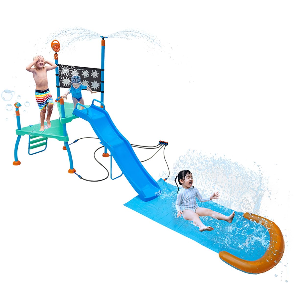 Plum Play Kids Outdoor Water Slide Play Equipment - with Built-in Toy Sprinklers, Backyard Waterpark with Bubble Blower, Coloring Wall 3 Years+, Up to 220 lbs (Shower Tower)