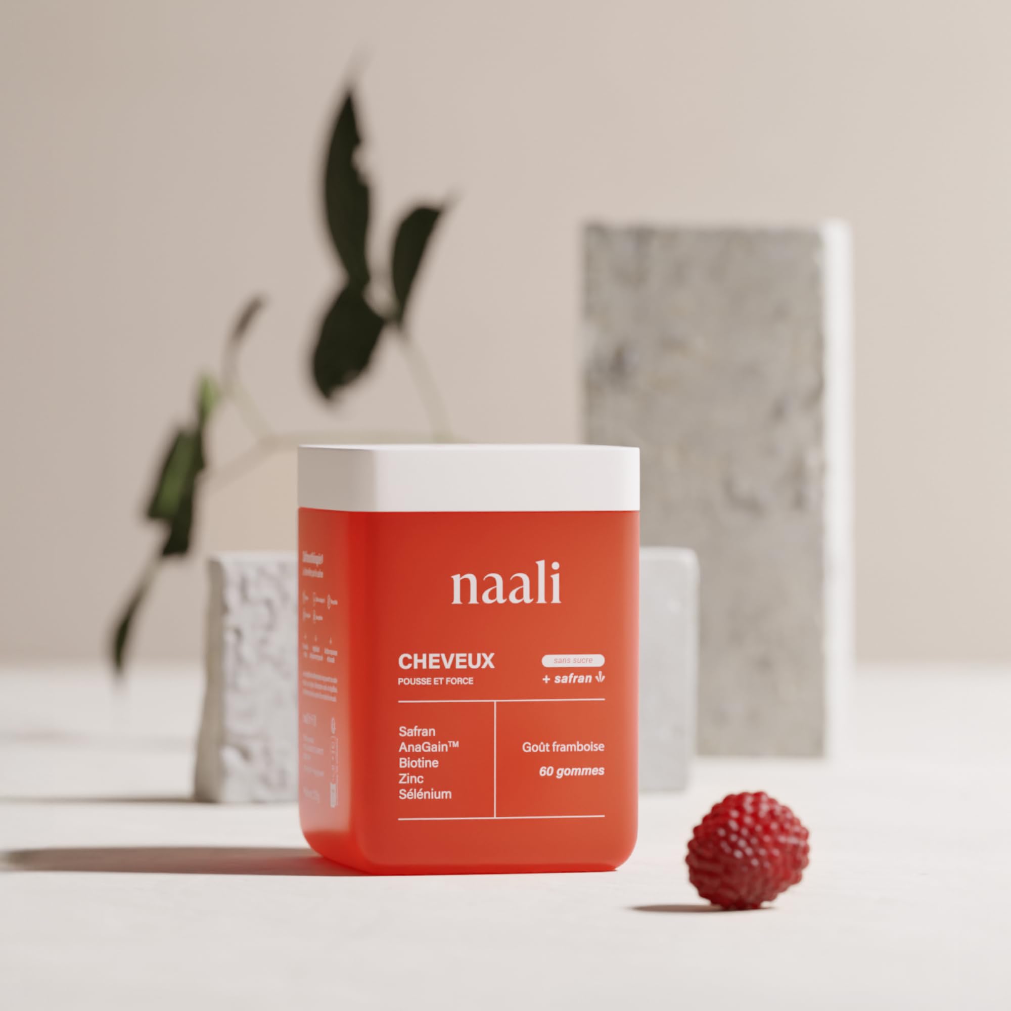 Naali Cheveux Gummies Safran AnaGain Zinc Sélénium – 60 Gommes - Complément Alimentaire Beauté Capillaire – Maintien des Cheveux Normaux – Sans Sucre, Goût Framboise - Routine Bien Etre