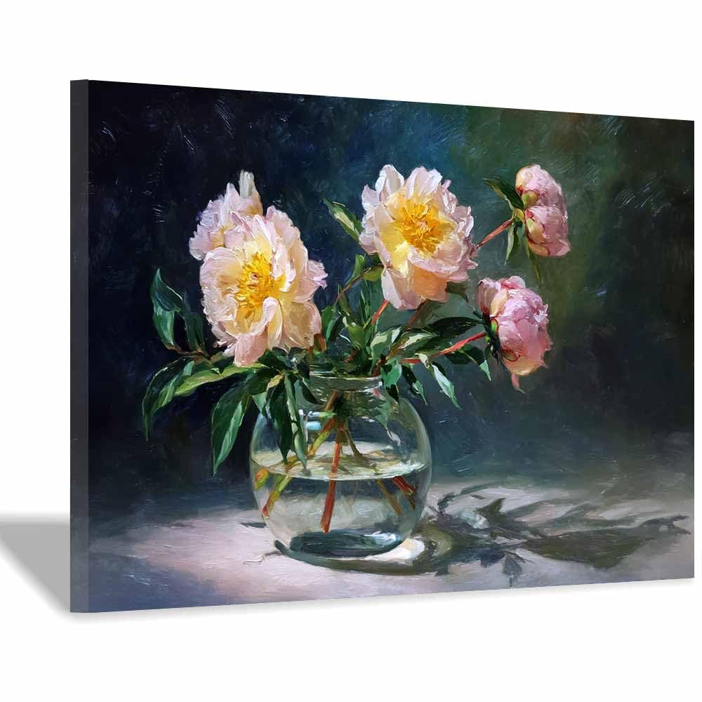 Xeniou Multicolor Flowers Canvas Glass Vase Peony Art Canvas Wall Art, For Bedroom Bathroom Living Room Home Wall Decor(Multicolor)-60X90cm Framed