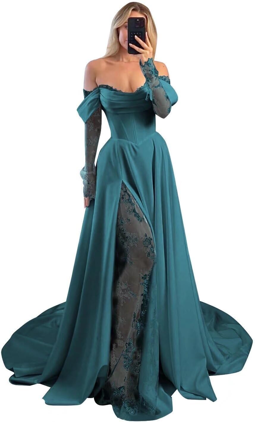 Off Shoulder Satin Wedding Dresses Lace Long Sleeve Prom Dress Corset A-Line Ball Gowns with Slit HWD92