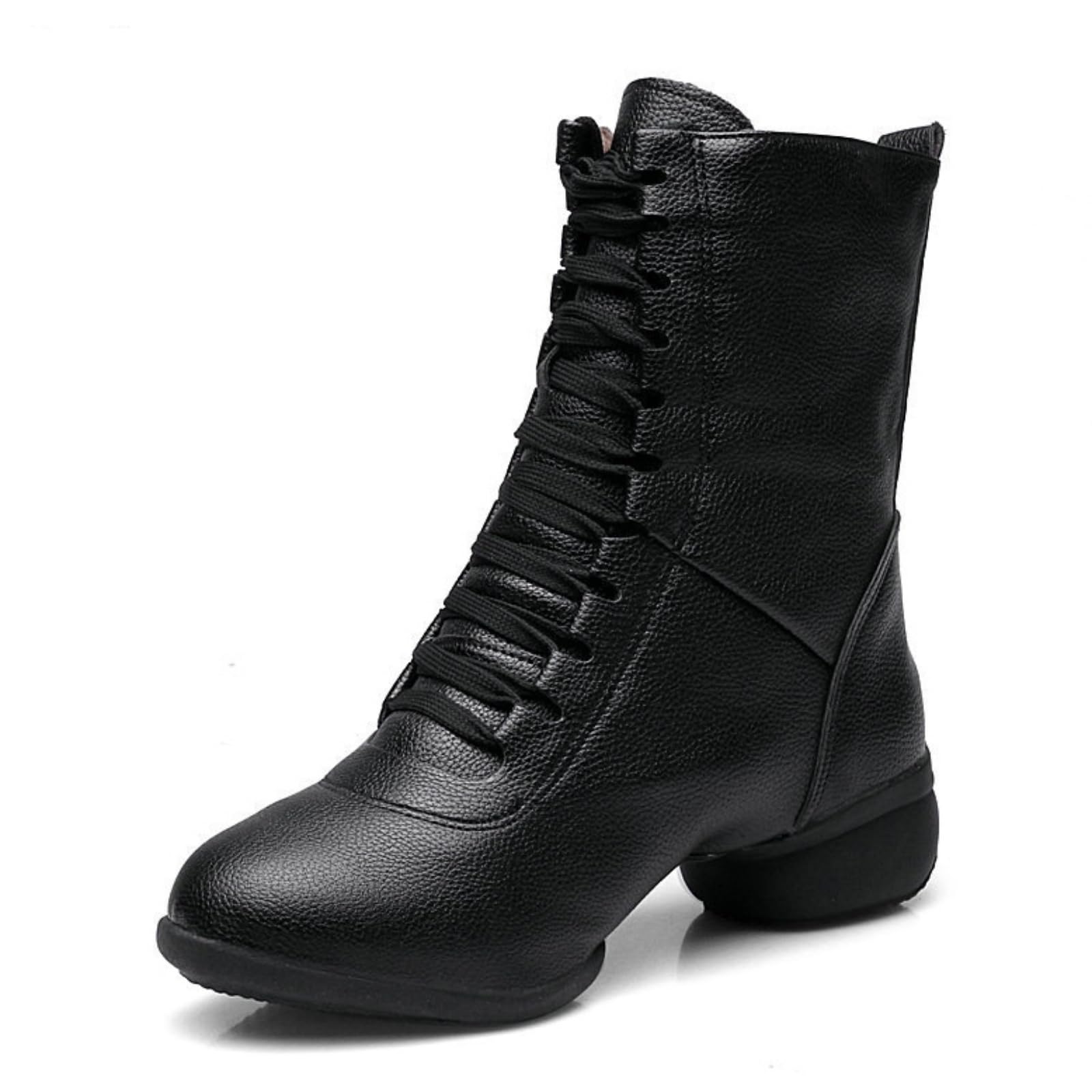 Stivali Ballo Jazz da Donna Stivaletti Moderni da Ballo da Sala in Pelle con Punta Chiusa Allacciatura Suola Divisa Tacco Basso Scarpe da Ballo Latino
