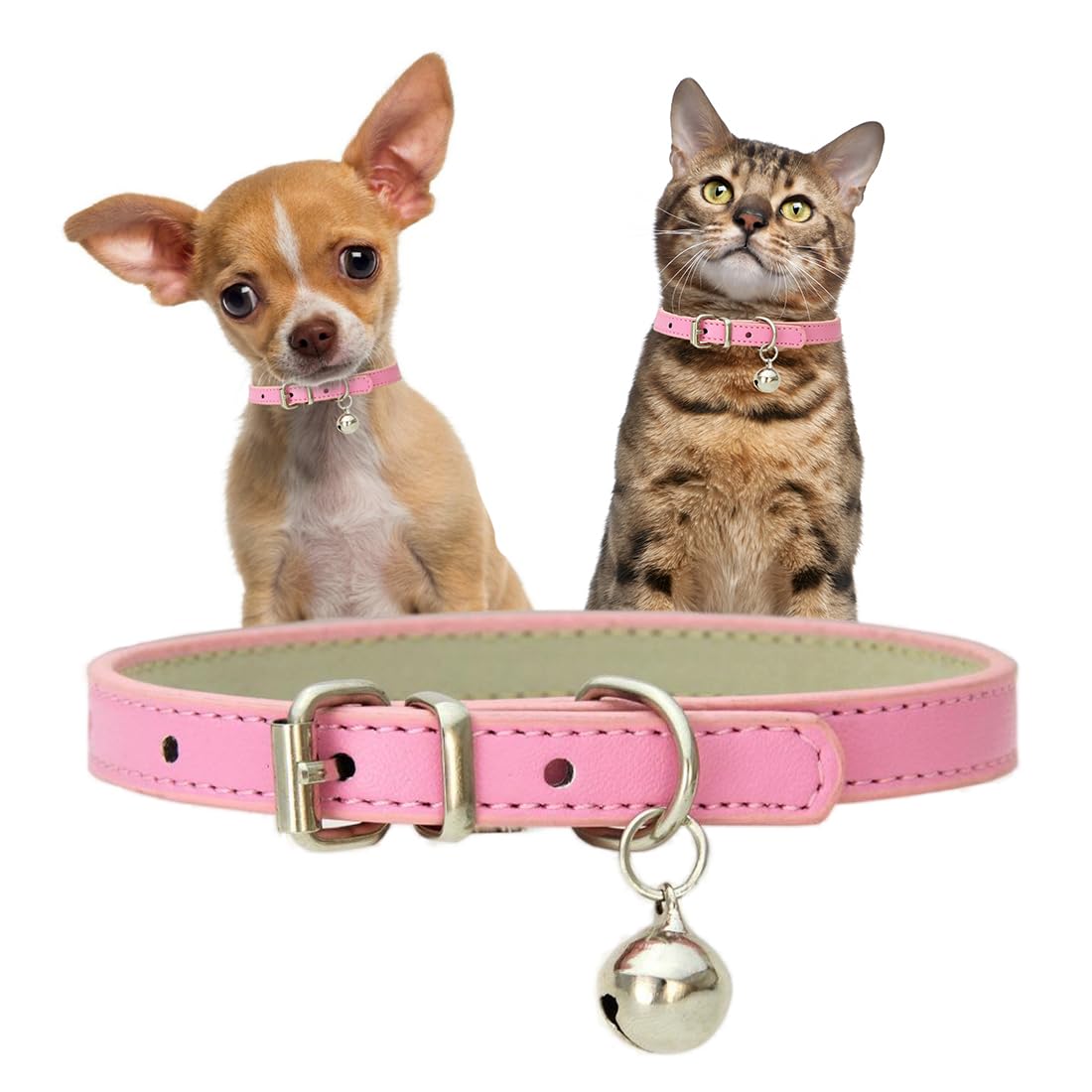 Pink Cat Collar with Bell, Faux Leather Puppy Collar with Bells Pu Basic Girl Kitten Collars for XXS XSmall Small Medium Pet Little Female Dogs Tiny Animal, XXSmall