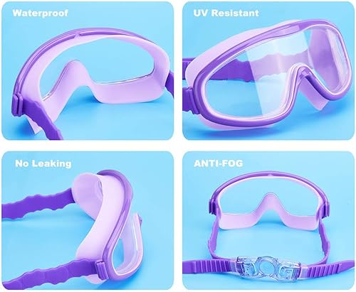 Miniatura 6 de KAILIMENG Gafas de natación para niños, paquete de 2 gafas de natación para edades de 3 a 15 años, antivaho y anti-rayos UV Cear de visión amplia