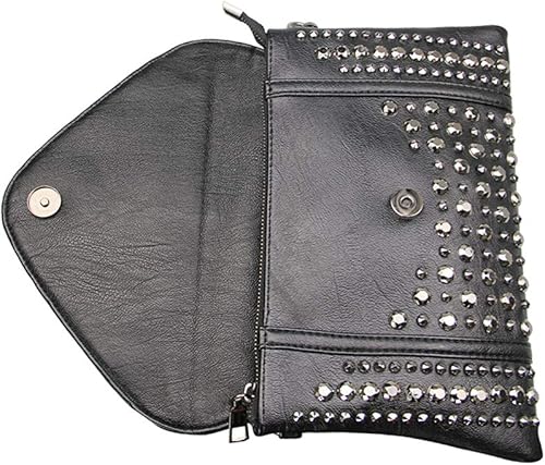 Miniatura 5 de Chikencall Bolso de mano de cuero con tachuelas de calavera punk negro con dos correas