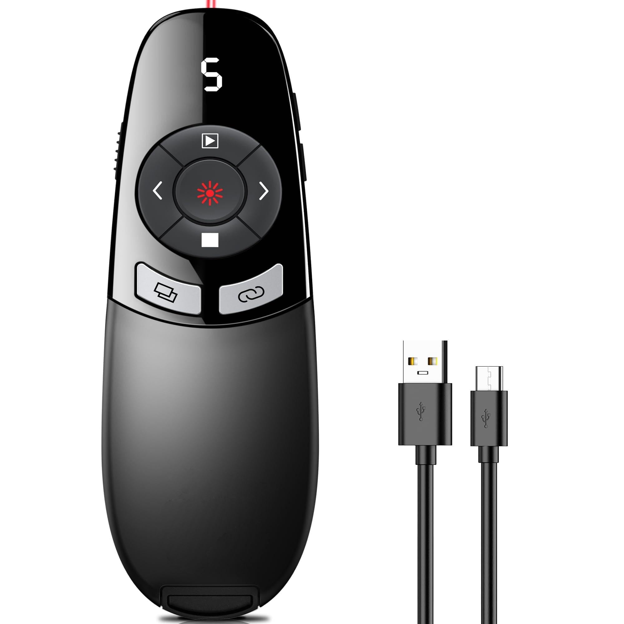 Presenter USB C, rechargeable, sans fil 2,4 GHz, pointeur pour présentations avec indicateur de batterie, lumière rouge, télécommande de présentation pour PowerPoint/Keynote/Google Slides
