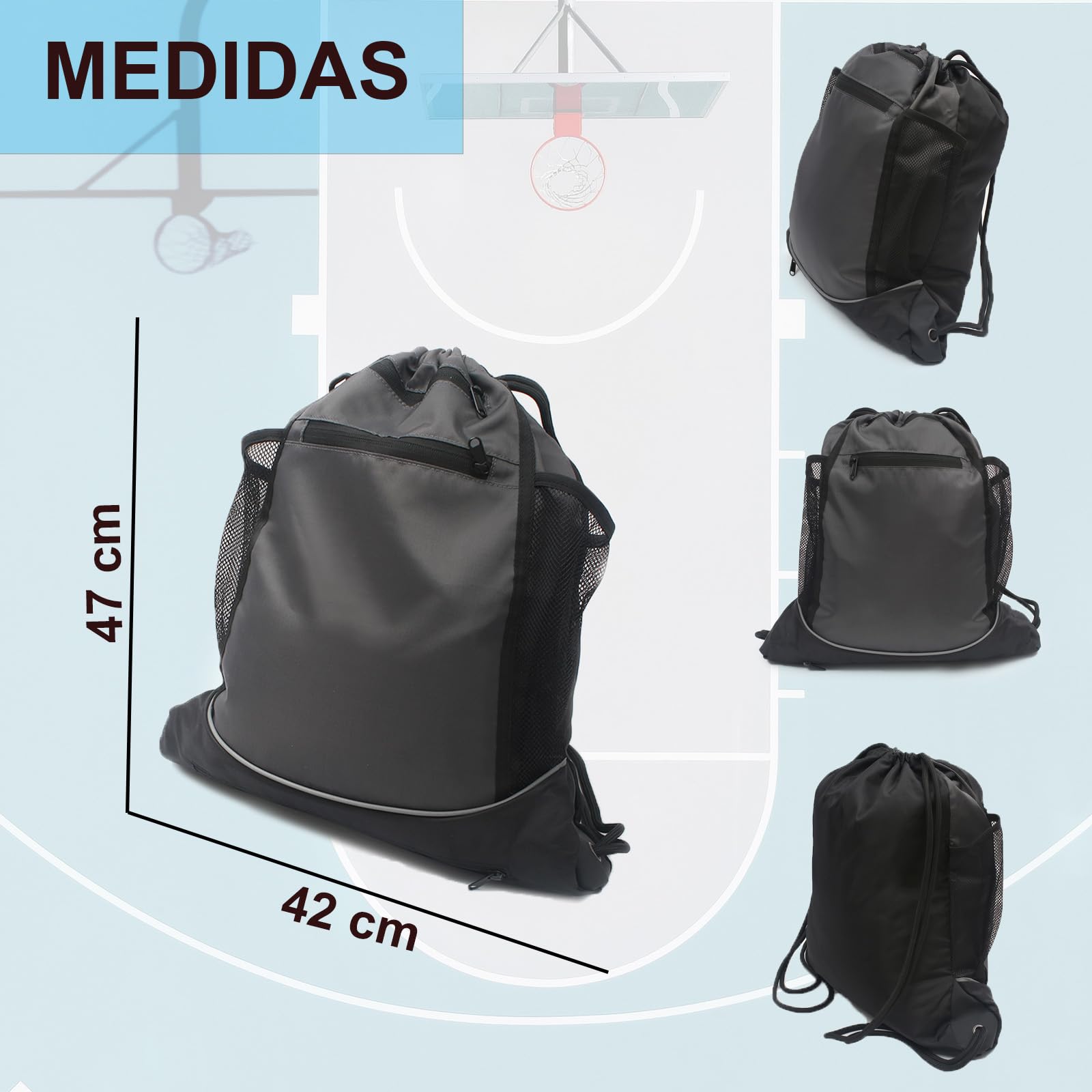 Mochila para Pelotas de Baloncesto, Cuerdas Deportiva, Incluye Inflador Portátil Negro