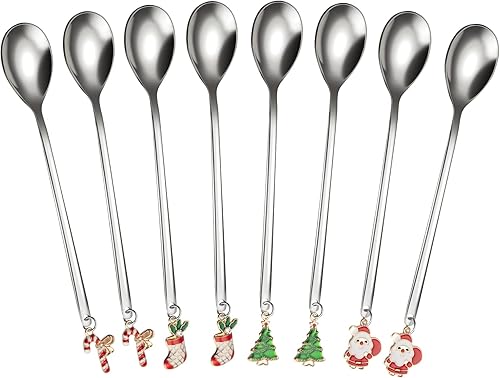 HEPHETER 8 cucharas de café de acero inoxidable de Navidad, cucharaditas de postre de helado de azúcar, cuchara mezcladora con colgante de Navidad