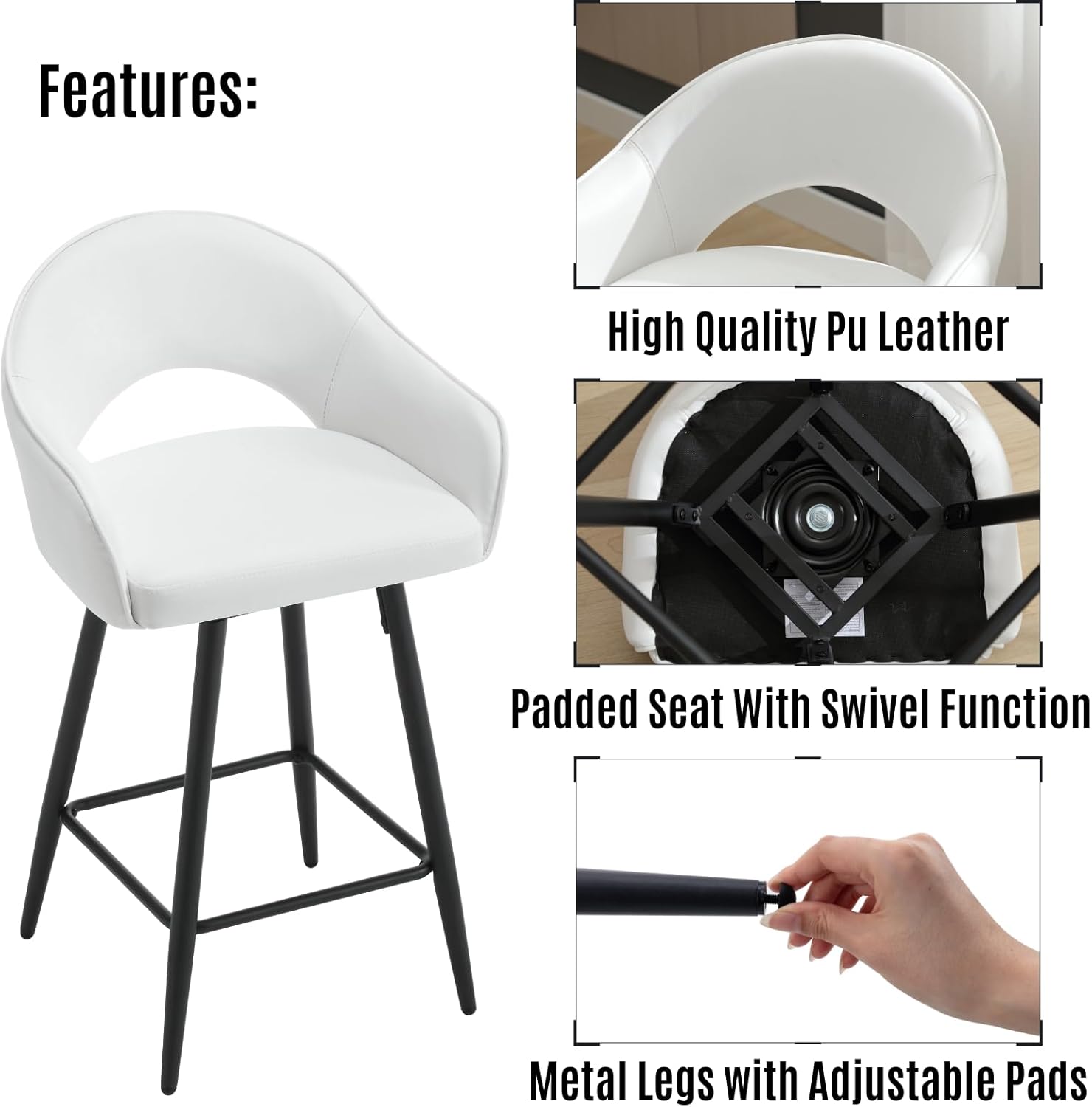 LukeAlon PU Leather Swivel Counter Stool Set of 4, Open Back 27" Seat Height Low Bar Stools with Metal Legs Modern Kitchen Stools with Footrest for Home Bar Dining Room, Cream White